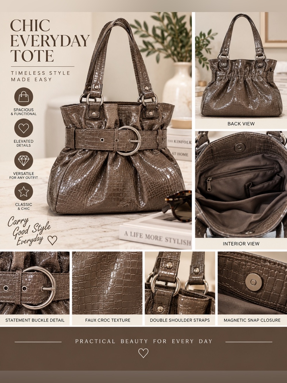 Chic and roomy croc-embossed tote in a glossy taupe finish.
